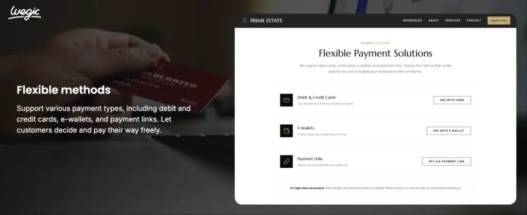 Wegic AI website builder creating a payment methods section for a business website