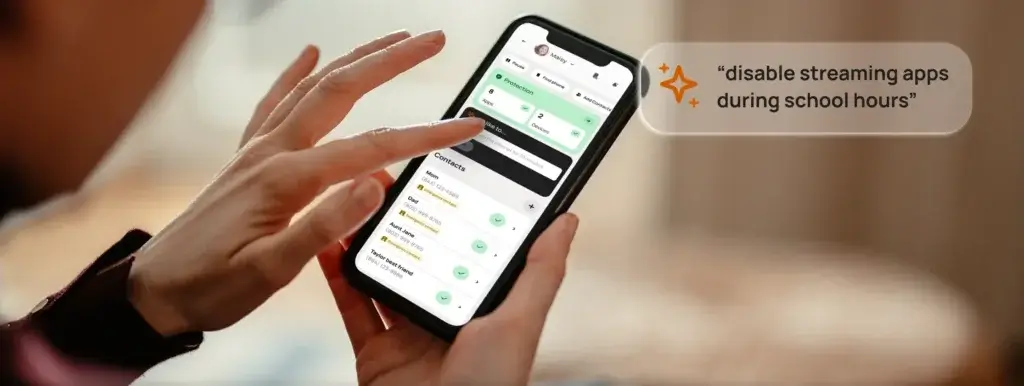 Parent using the Bark app to manage child device rules and disable streaming apps during school hours