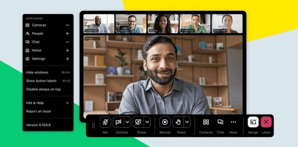 GoTo Webinar interface with presenter view, participant video tiles, and webinar controls