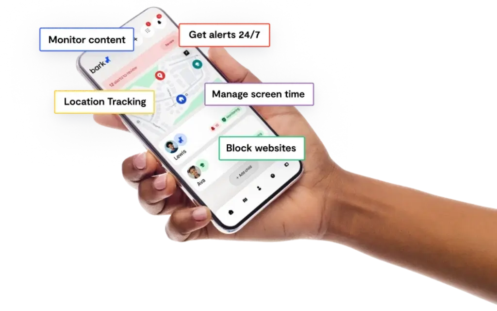 Bark app features including content monitoring, alerts, location tracking, screen time management, and website blocking