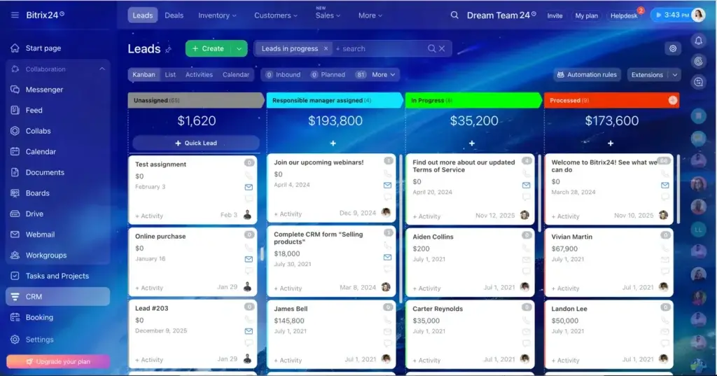 Bitrix24 CRM leads dashboard with kanban pipeline stages, lead values, and sales progress tracking