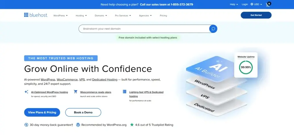 Bluehost homepage showing AI website builder and WordPress, VPS, and dedicated hosting options