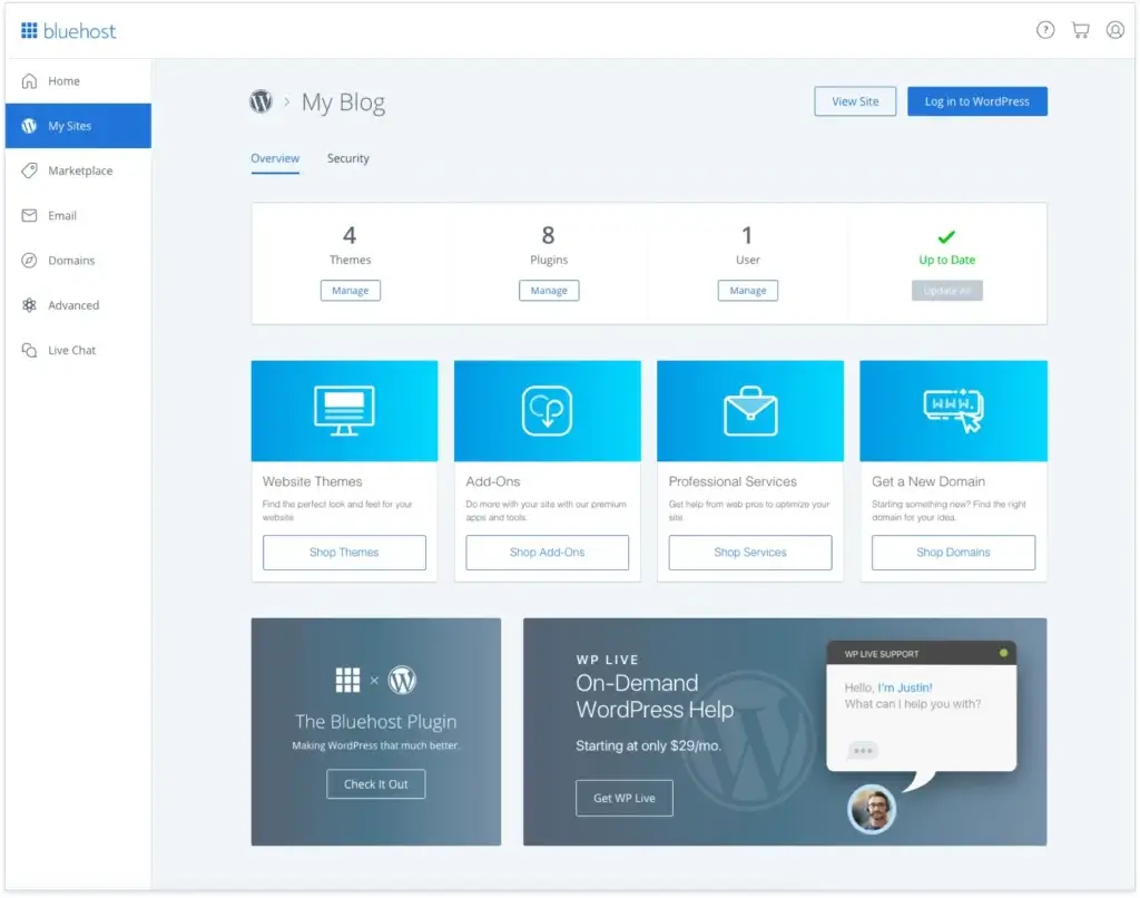 Bluehost hosting dashboard with WordPress site management, plugins, themes, and domain tools