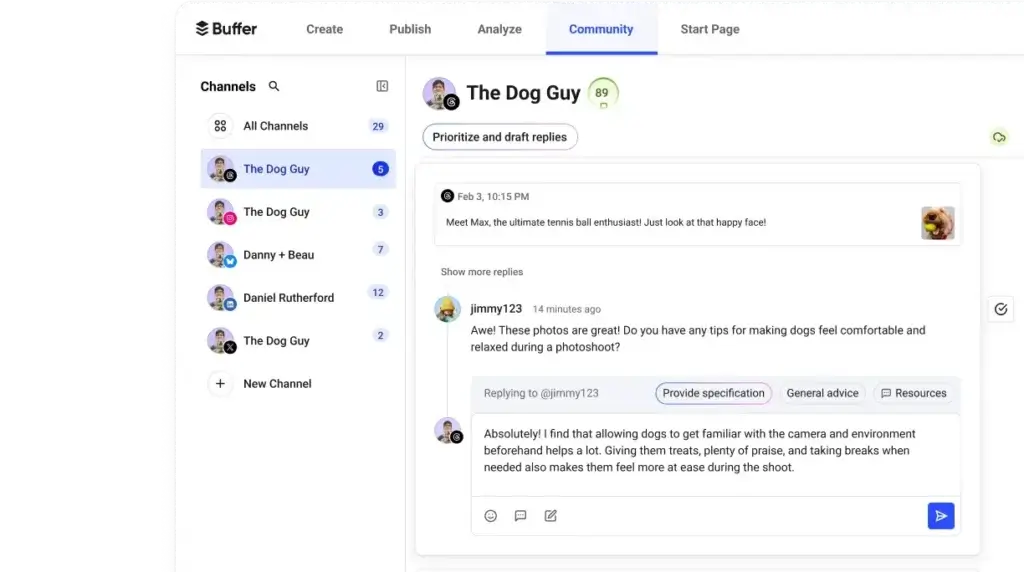 Buffer community inbox interface managing comments and replies across social media channels