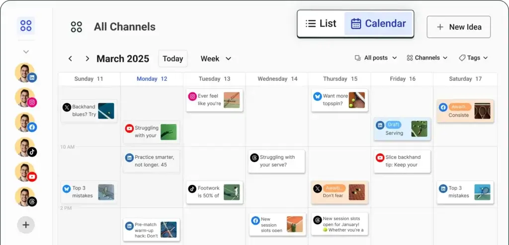 Buffer social media calendar view showing scheduled posts across multiple platforms