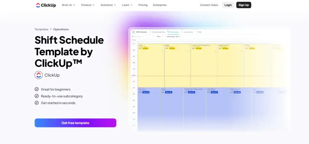 ClickUp shift schedule template showing employee shifts in calendar view