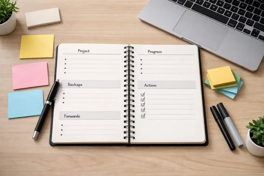 Example of a completed project retrospective with notes, actions, and follow-up items
