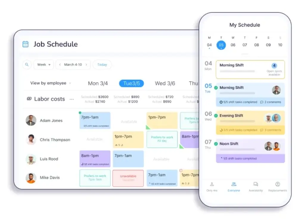 Connecteam scheduling software showing employee shifts on desktop and mobile