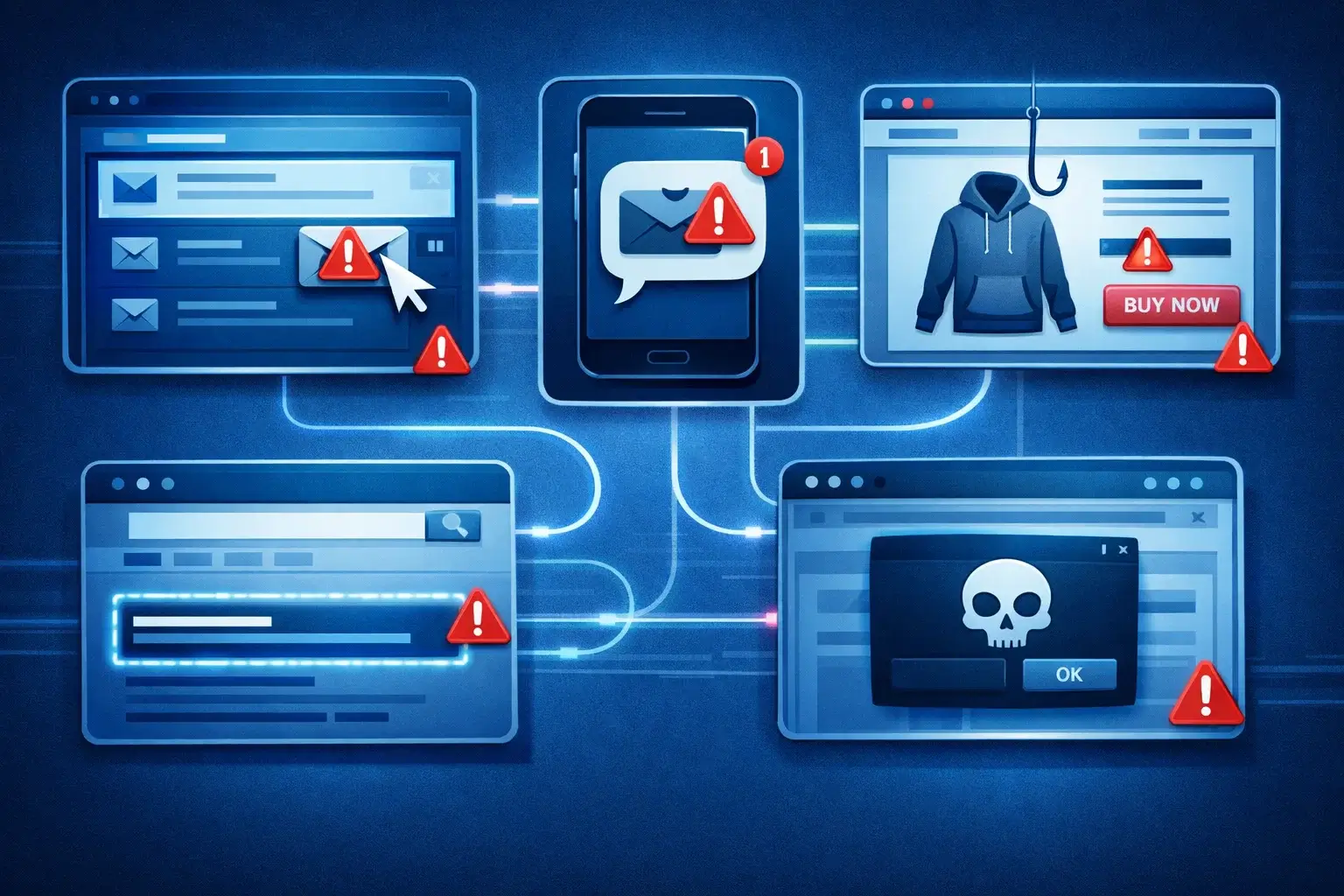 cybersecurity illustration showing five common phishing entry points against anti-phishing software