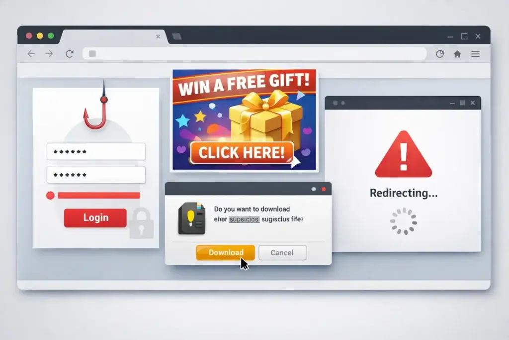 Common browser-based threats including phishing pages, fake login forms, and malicious ads needing browser security