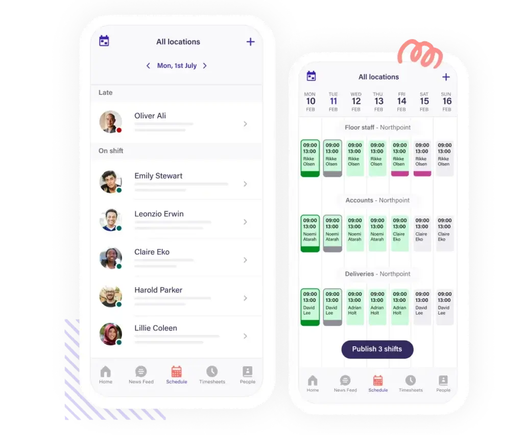 Deputy mobile app showing employee schedule and live shift status