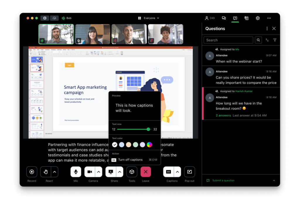 GoTo Webinar screen showing live captions, audience questions, and presentation sharing tools