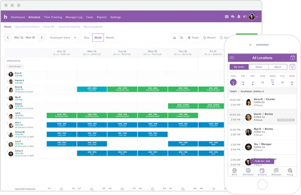 Homebase scheduling software on desktop and mobile for managing shifts across locations