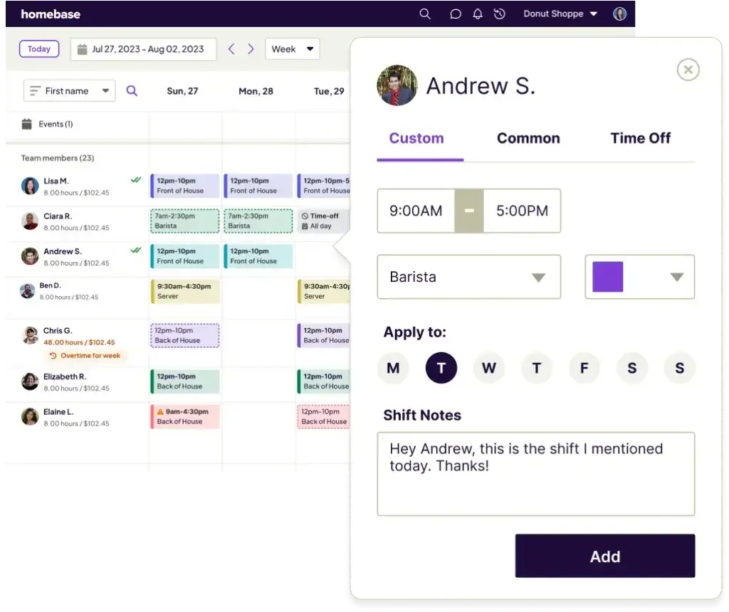 Homebase shift editor showing custom shift times, role selection, and employee shift notes