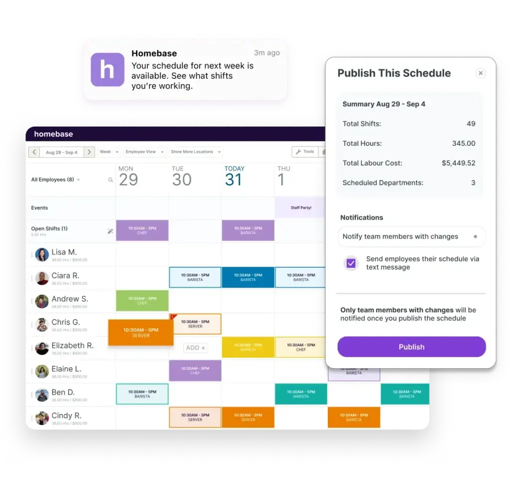 Homebase scheduling app with shift calendar and employee notification settings