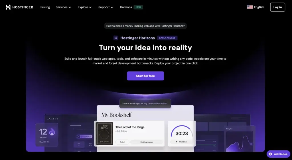 Hostinger Horizons landing page for AI web app and website creation
