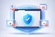 Browser-first security visual showing protection from phishing, scams, and risky extensions