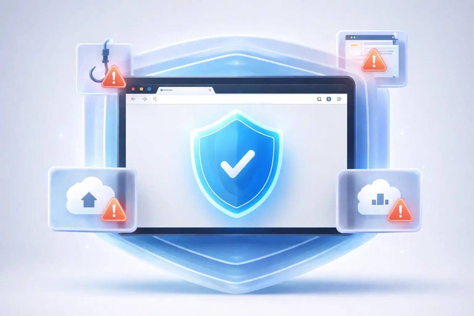Browser-first security visual showing protection from phishing, scams, and risky extensions