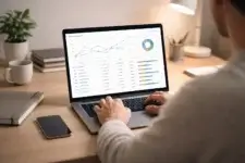 Marketer analyzing keyword data and search trends on laptop