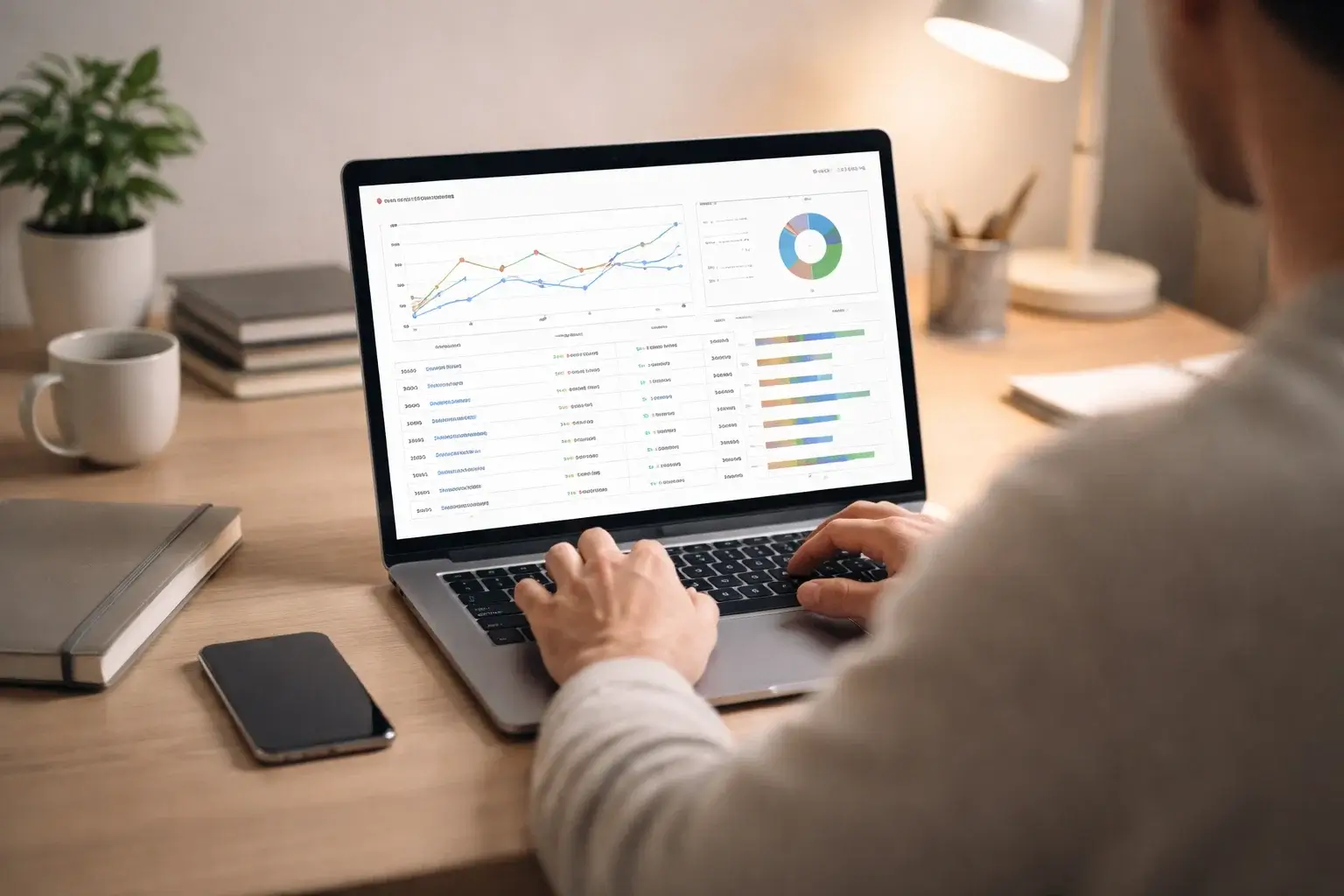 Marketer analyzing keyword data and search trends on laptop