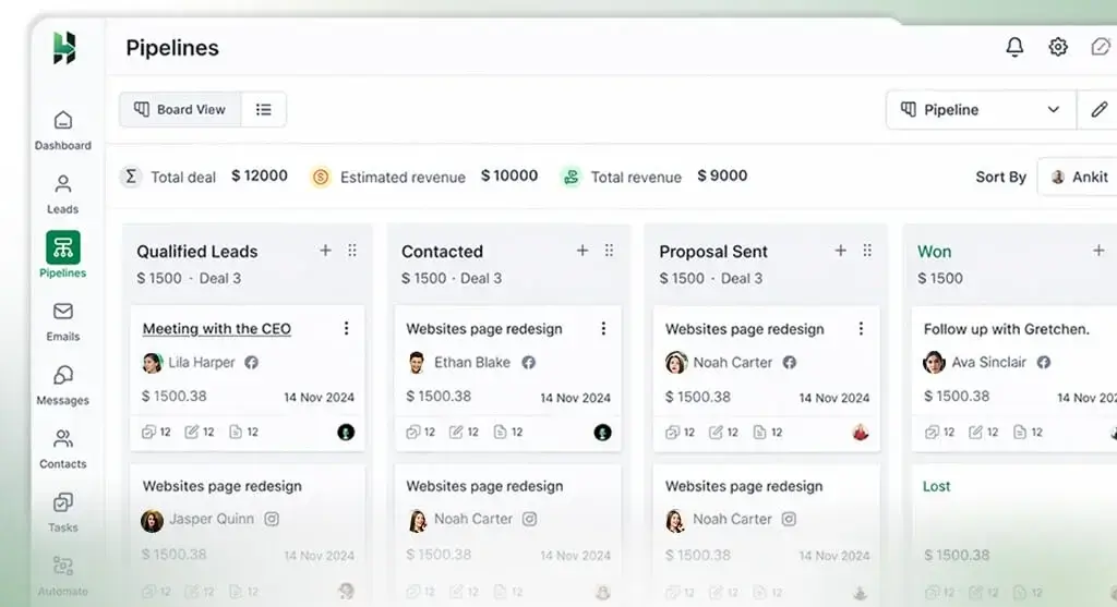 LeadHeed sales pipeline board showing qualified leads, contacted deals, proposals, and closed outcomes