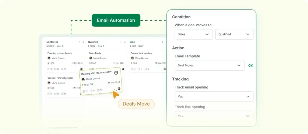 LeadHeed email automation setup triggered when a deal moves to a new pipeline stage