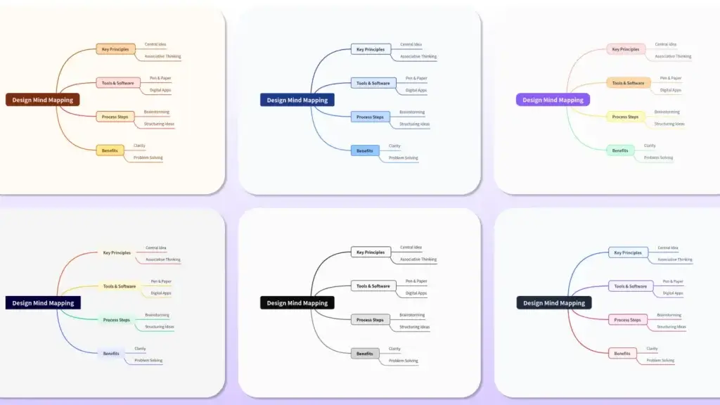 AI-generated mind map templates in MindMap AI showing different styles and color themes