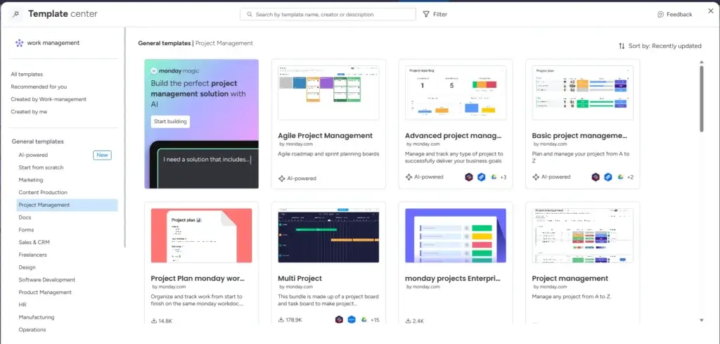 monday.com project management template center with timeline and workflow templates