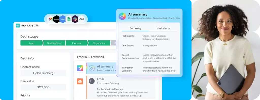 monday CRM AI summary for deal activity and sales follow-up