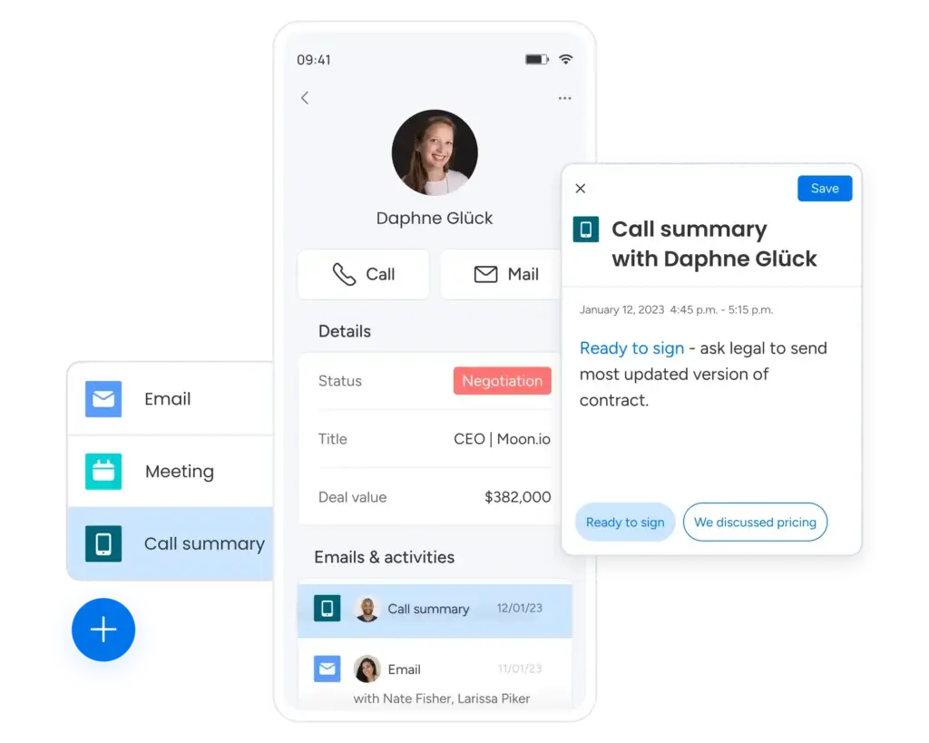 monday CRM mobile app with contact details and call summary