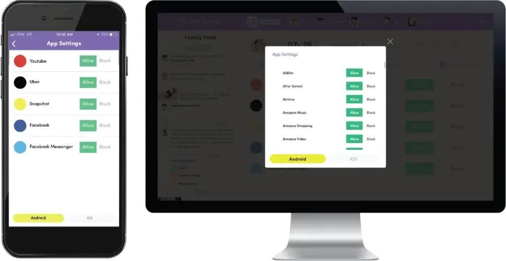 Net Nanny app settings screen showing app blocking and app permissions for mobile devices
