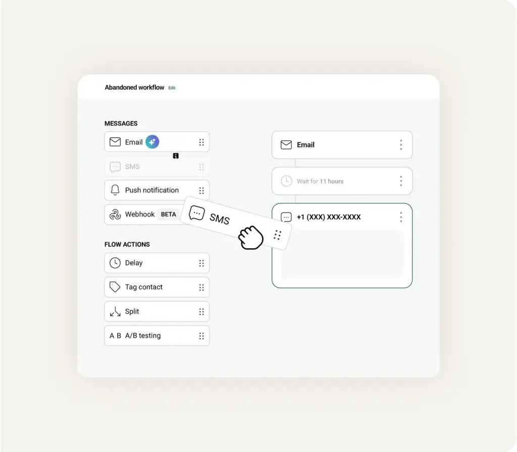 Omnisend automation workflow builder with email, SMS, push notifications, delays, and A/B testing