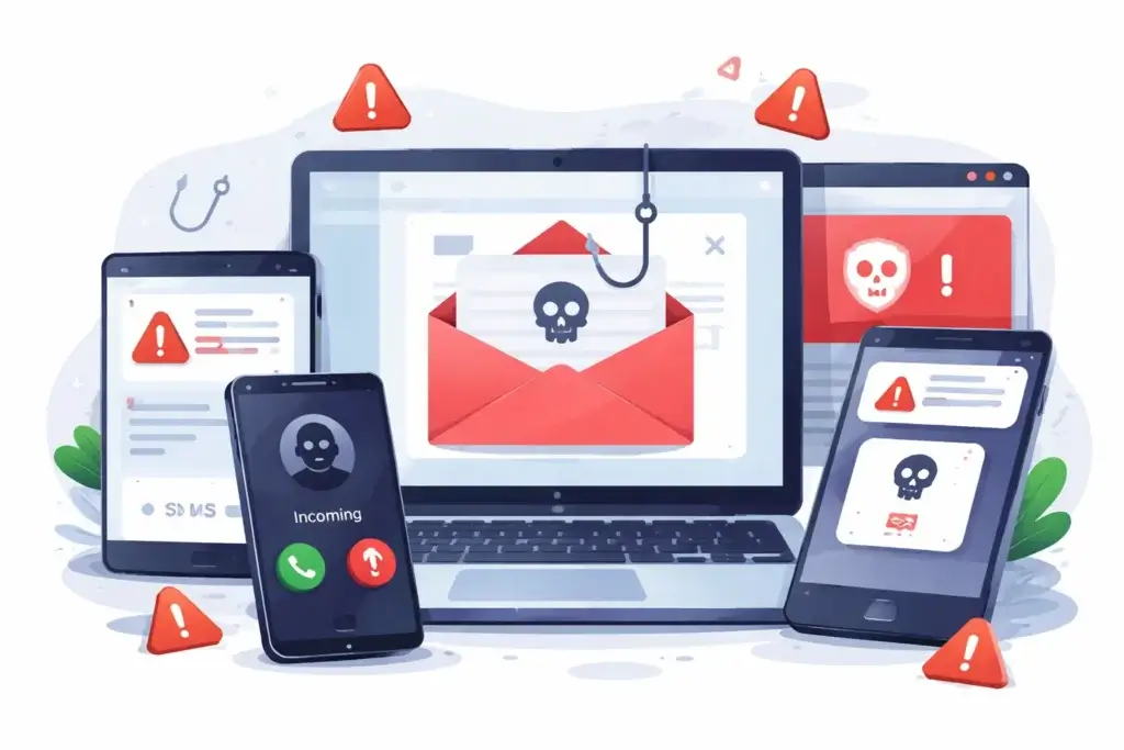 Examples of social engineering attacks across email, SMS, phone calls, and browser scams