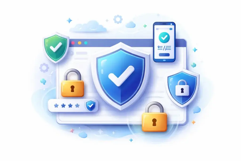 Layered online security protection including browser safety, passwords, and verification steps