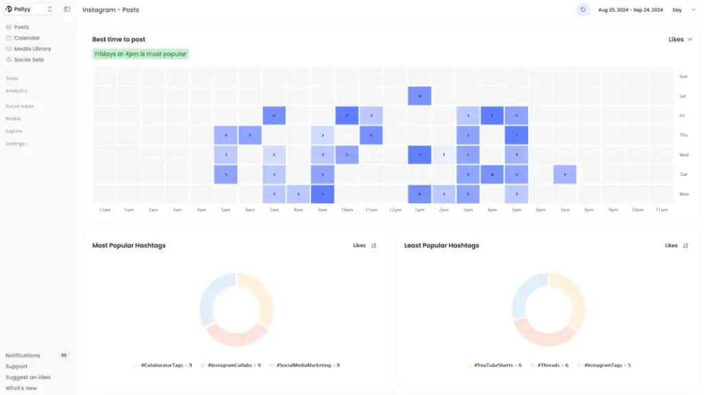 Pallyy analytics dashboard showing best time to post and social media performance insights