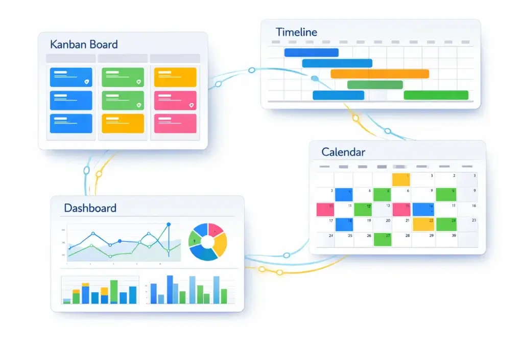 project management software with timeline board and dashboard views