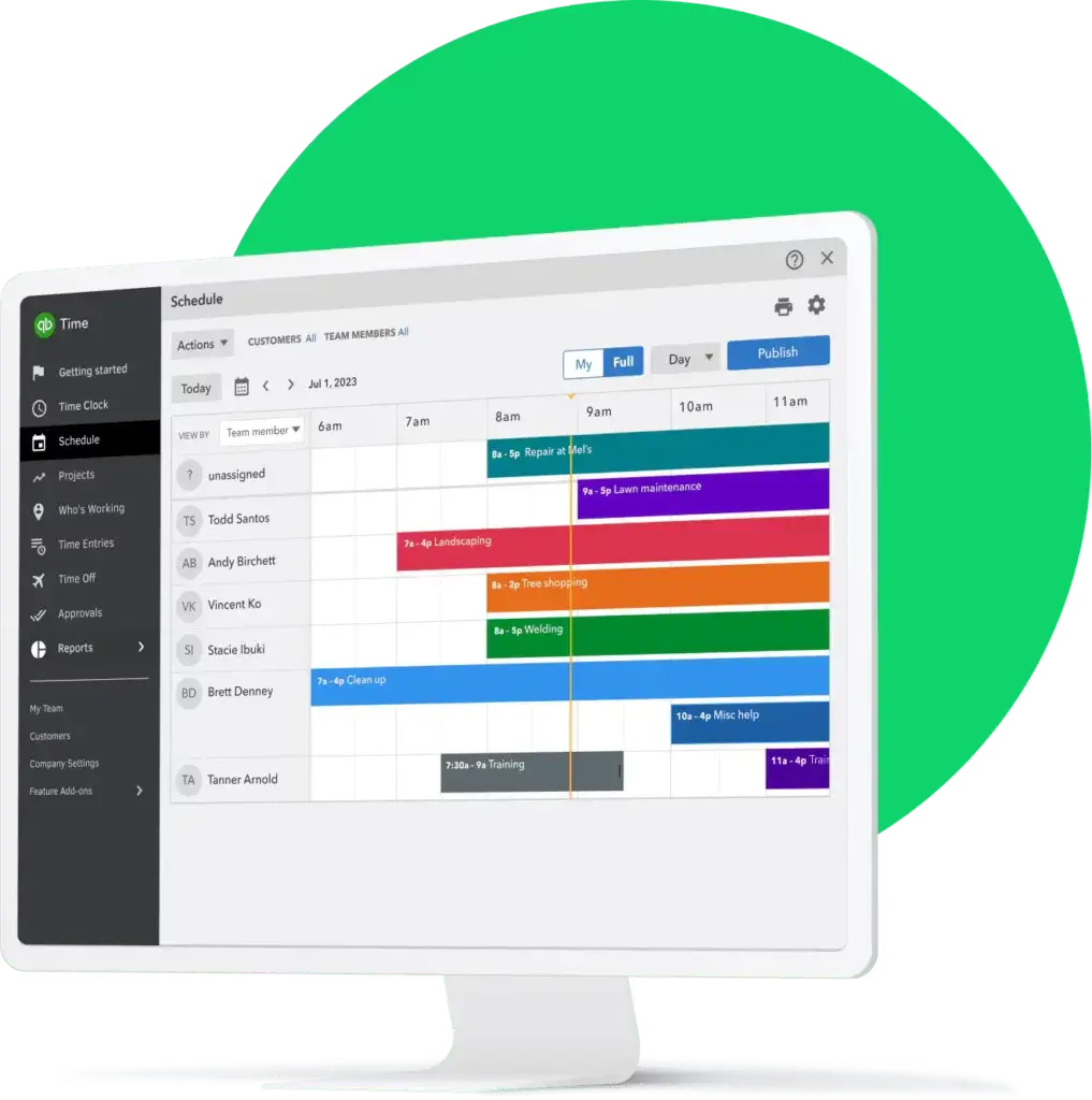 QuickBooks Time scheduling dashboard showing employee shifts and timeline view