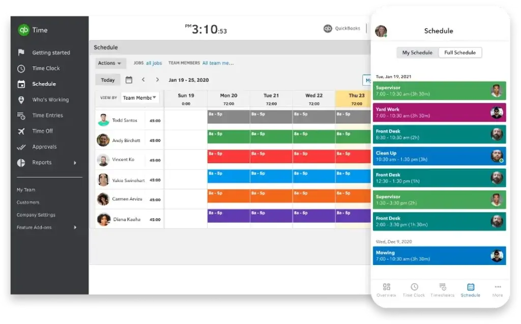 QuickBooks Time scheduling software with employee shift calendar and mobile app view