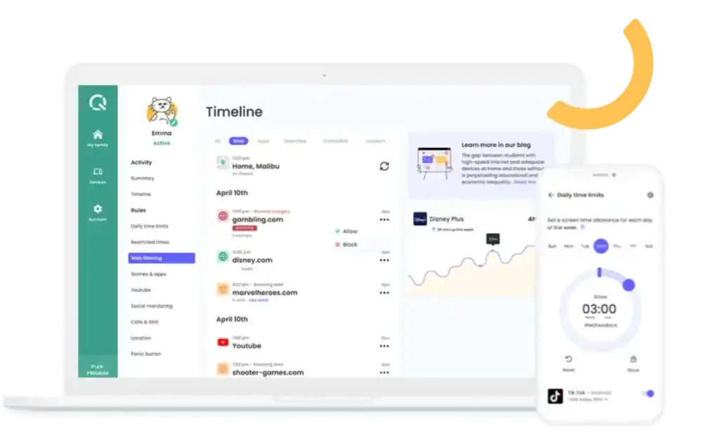 Qustodio timeline view showing family activity feed, blocked apps, YouTube search activity, and message alert monitoring