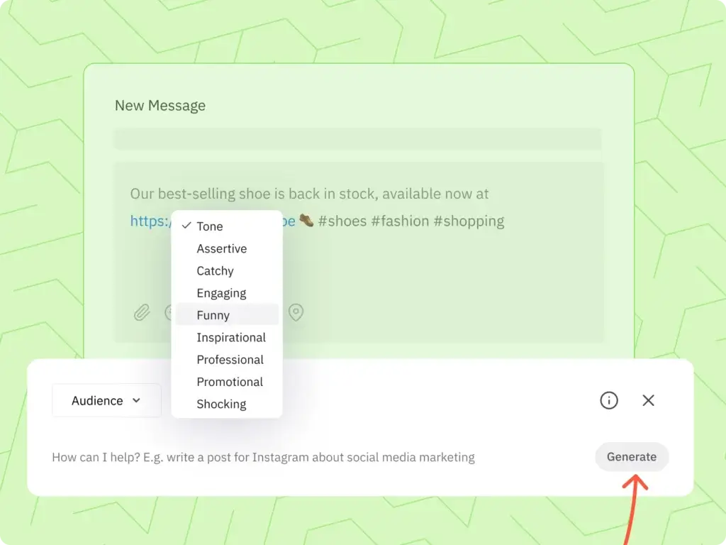 Sendible AI Assist tool generating social media captions with tone selection options