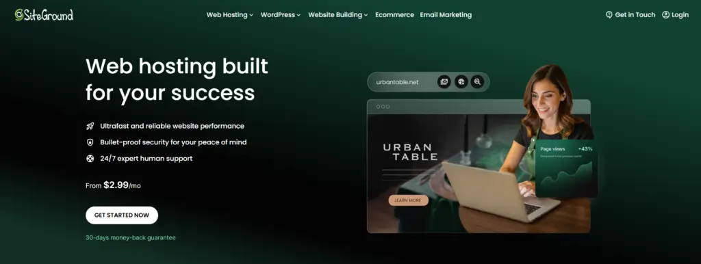 SiteGround website builder interface with AI prompt and visual editing tools