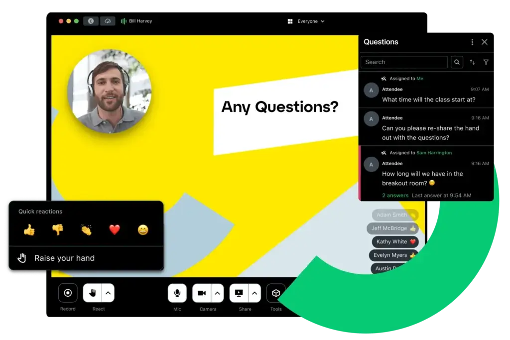 GoTo Webinar webinar room with audience reactions, questions panel, and presenter layout