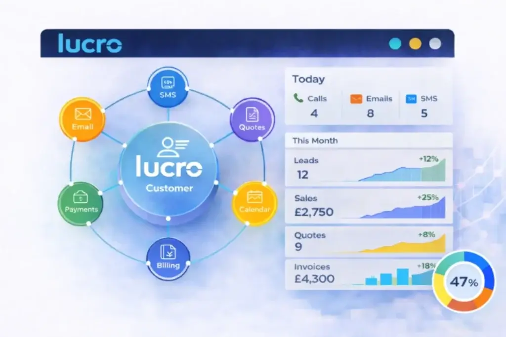 Lucro CRM dashboard showing customer management, billing, email, SMS, quotes, and calendar tools