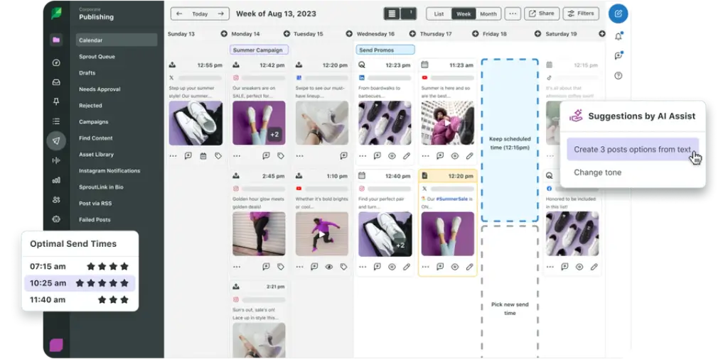 Sprout Social content calendar with scheduled posts and optimal send time recommendations