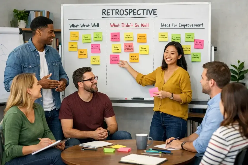 Team discussing a project retrospective using notes and a shared board