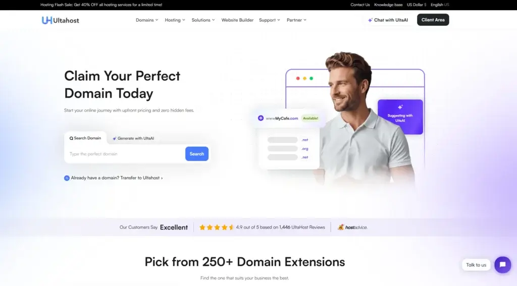 UltaHost domain search tool interface with AI suggestions and domain availability results
