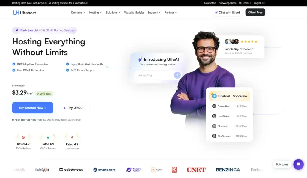 UltaHost hosting dashboard showing pricing plans, uptime guarantee, and performance features