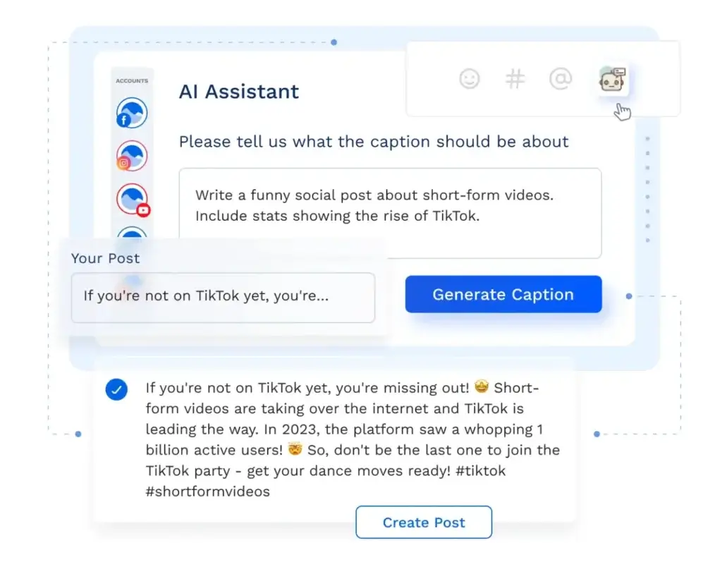 Vista Social AI assistant generating social media captions