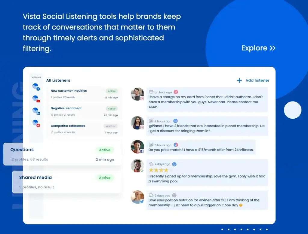 Vista Social listening dashboard tracking brand mentions and sentiment