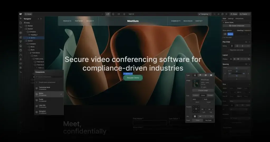 Webflow Designer editing a landing page with responsive layout controls, components, and styling options